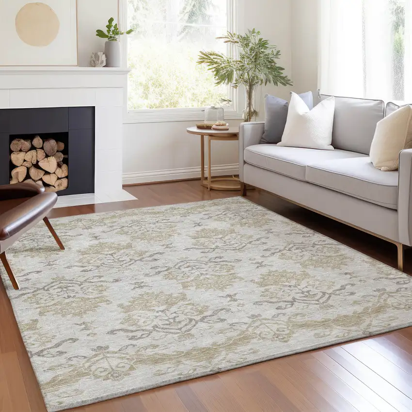 Ivory Beige And Taupe Oriental Washable Indoor Outdoor Area Rug Photo 9