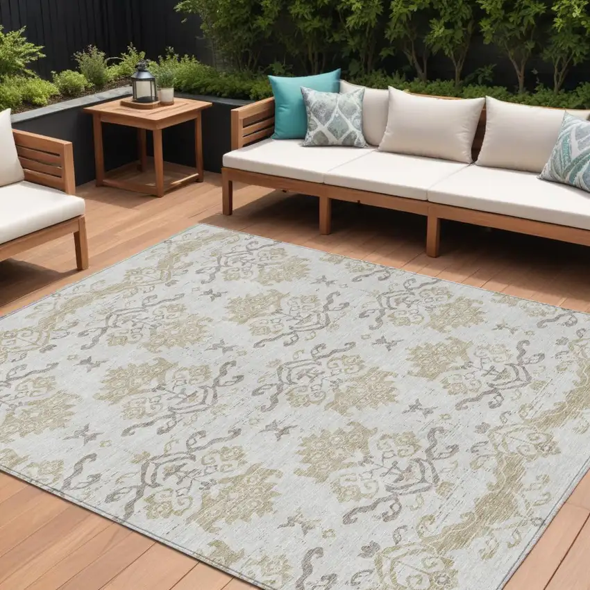 Ivory Beige And Taupe Oriental Washable Indoor Outdoor Area Rug Photo 1