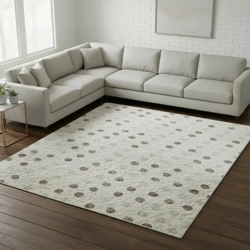 Ivory Beige And Taupe Polka Dot Washable Area Rug With UV Protection Photo 2