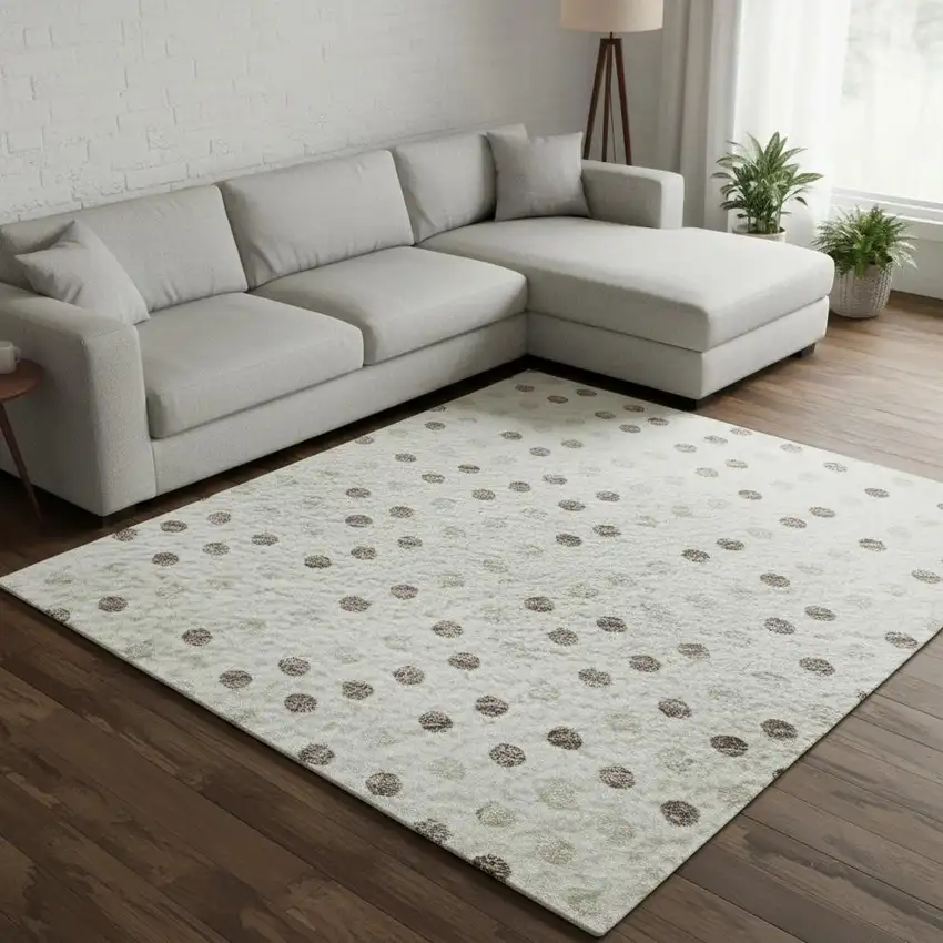 Ivory Beige And Taupe Polka Dot Washable Area Rug With UV Protection Photo 2