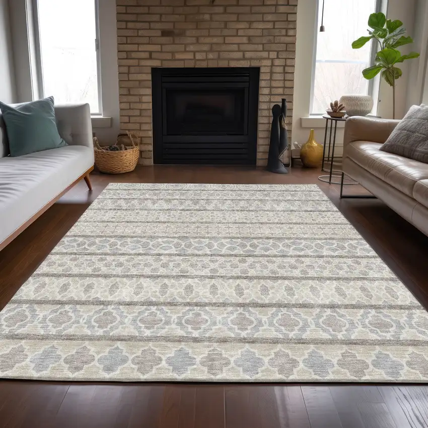 Ivory Beige And Taupe Quatrefoil Washable Indoor Outdoor Area Rug Photo 8