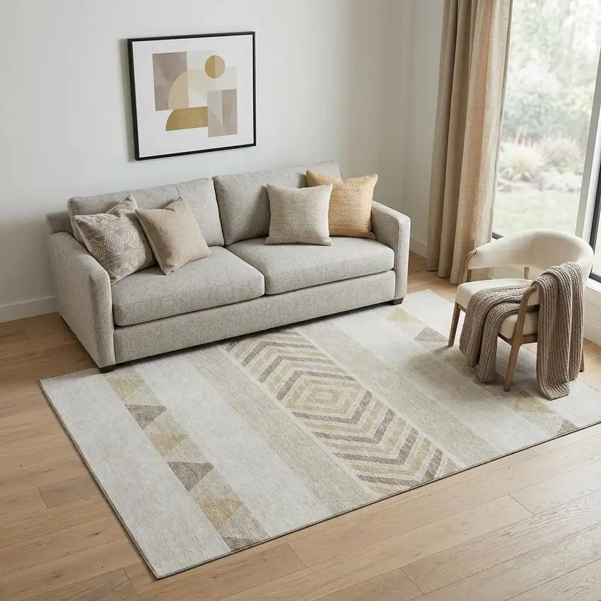 Ivory Beige And Taupe Southwestern Washable Area Rug With UV Protection Photo 1