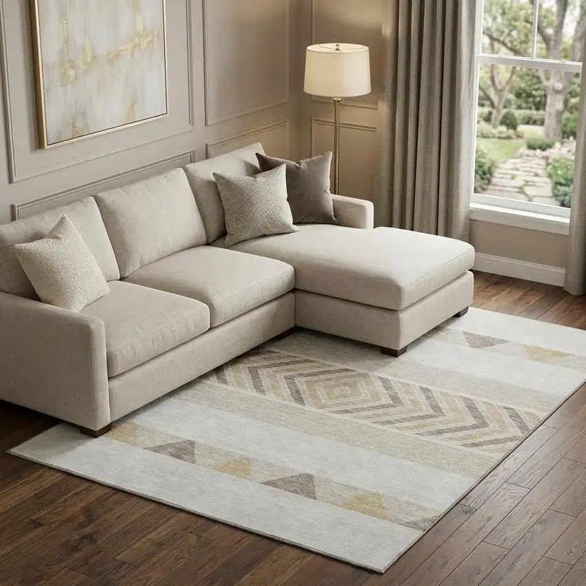 Ivory Beige And Taupe Southwestern Washable Area Rug With UV Protection Photo 1
