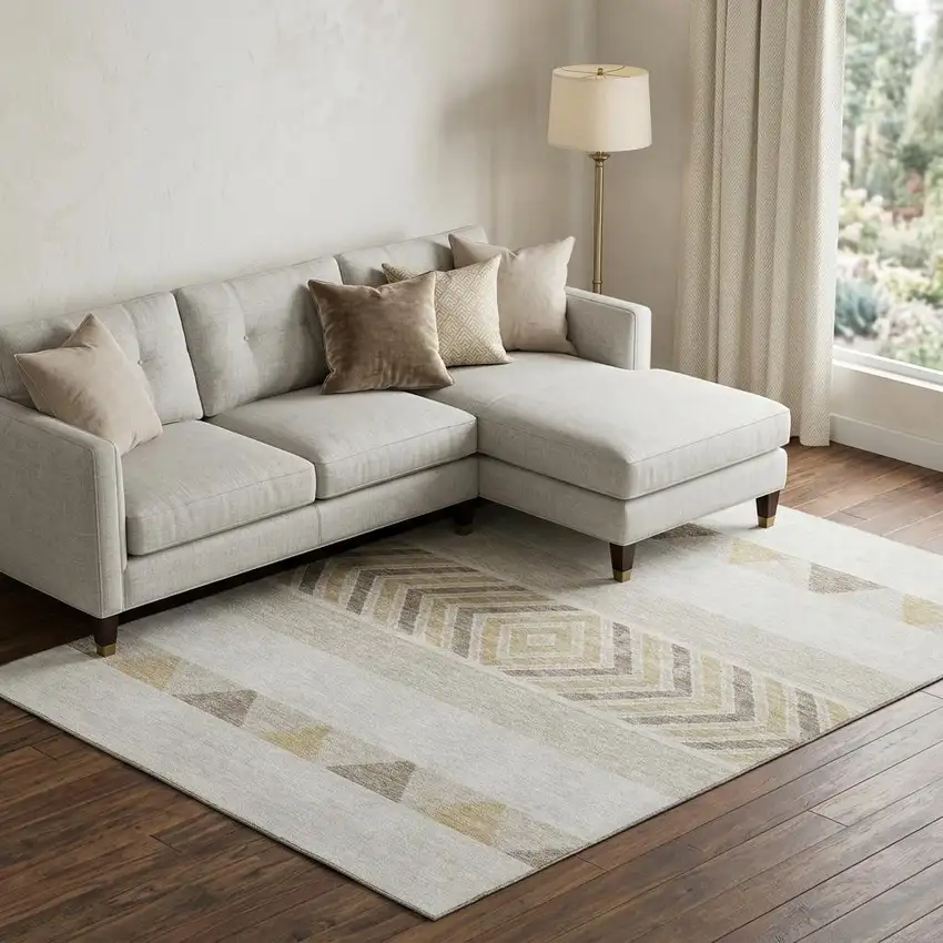Ivory Beige And Taupe Southwestern Washable Area Rug With UV Protection Photo 1