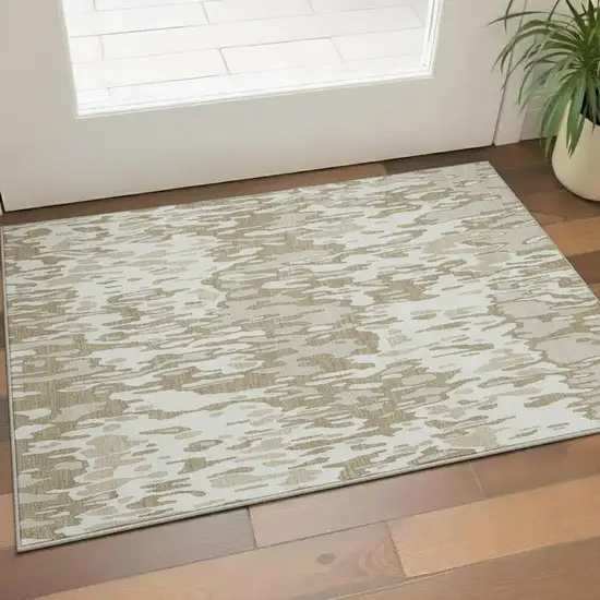Ivory Beige And Taupe Striped Washable Area Rug With UV Protection Photo 2