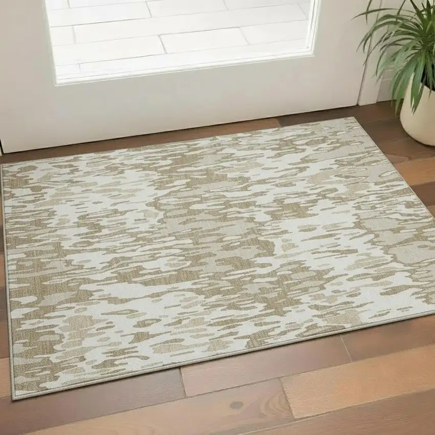 Ivory Beige And Taupe Striped Washable Area Rug With UV Protection Photo 2