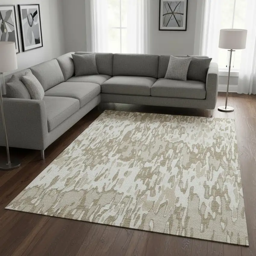 Ivory Beige And Taupe Striped Washable Area Rug With UV Protection Photo 2