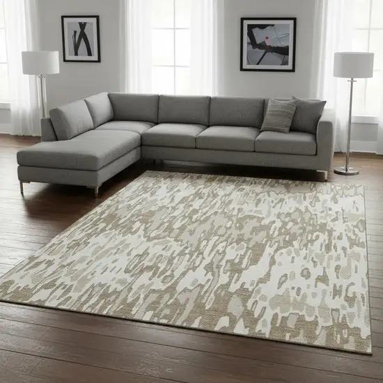 Ivory Beige And Taupe Striped Washable Area Rug With UV Protection Photo 2