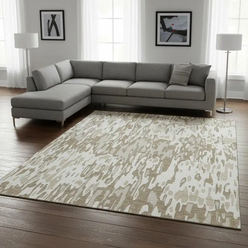 Ivory Beige And Taupe Striped Washable Area Rug With UV Protection Photo 2