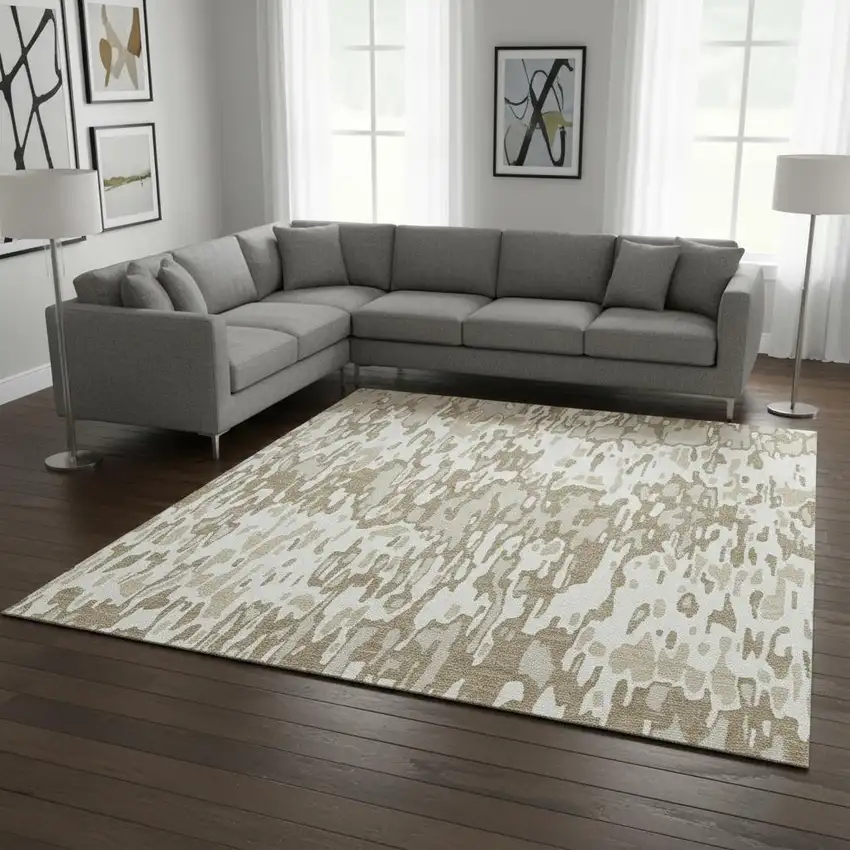 Ivory Beige And Taupe Striped Washable Area Rug With UV Protection Photo 2