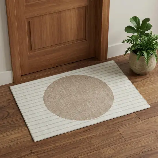 Ivory Beige And Taupe Striped Washable Area Rug With UV Protection Photo 1