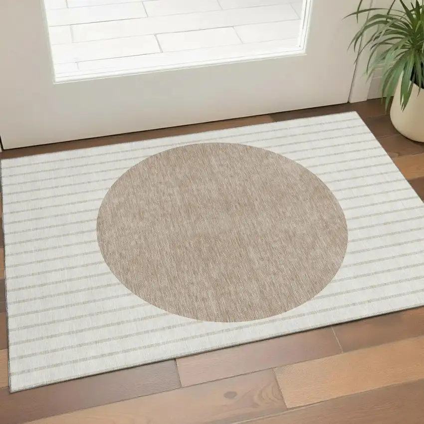 Ivory Beige And Taupe Striped Washable Area Rug With UV Protection Photo 1