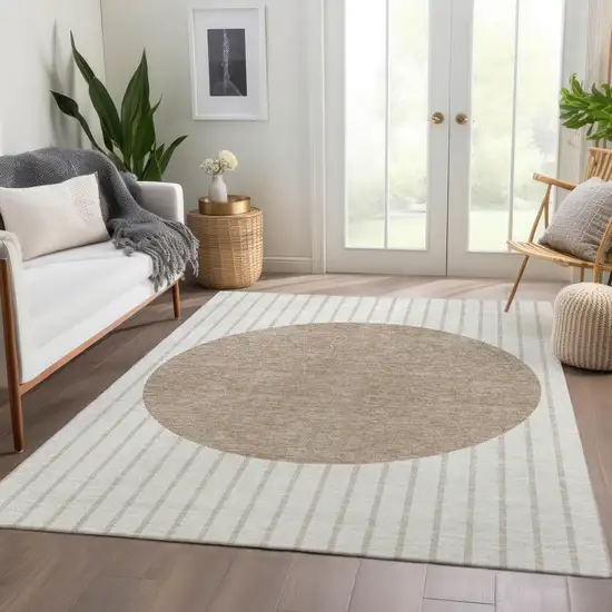 Ivory Beige And Taupe Striped Washable Area Rug With UV Protection Photo 1