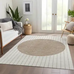 Photo of Ivory Beige And Taupe Striped Washable Area Rug With UV Protection