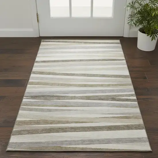 Ivory Beige And Taupe Striped Washable Area Rug With UV Protection Photo 2