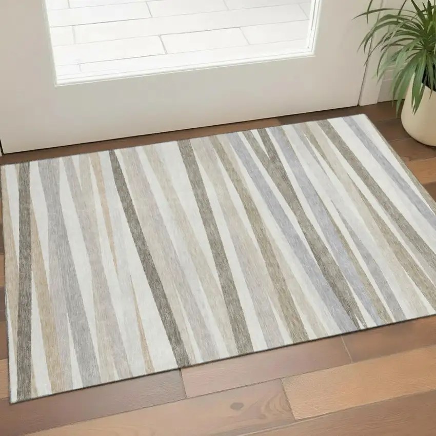 Ivory Beige And Taupe Striped Washable Area Rug With UV Protection Photo 1