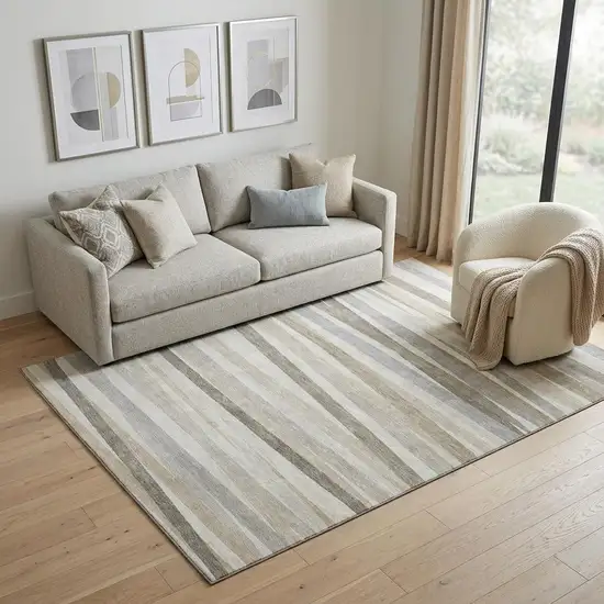Ivory Beige And Taupe Striped Washable Area Rug With UV Protection Photo 1