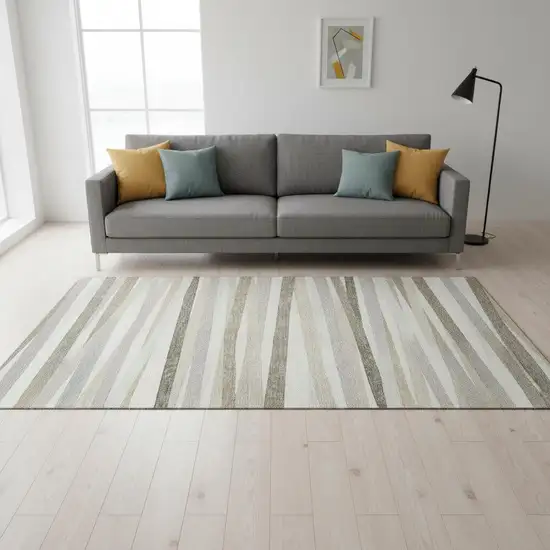 Ivory Beige And Taupe Striped Washable Area Rug With UV Protection Photo 2