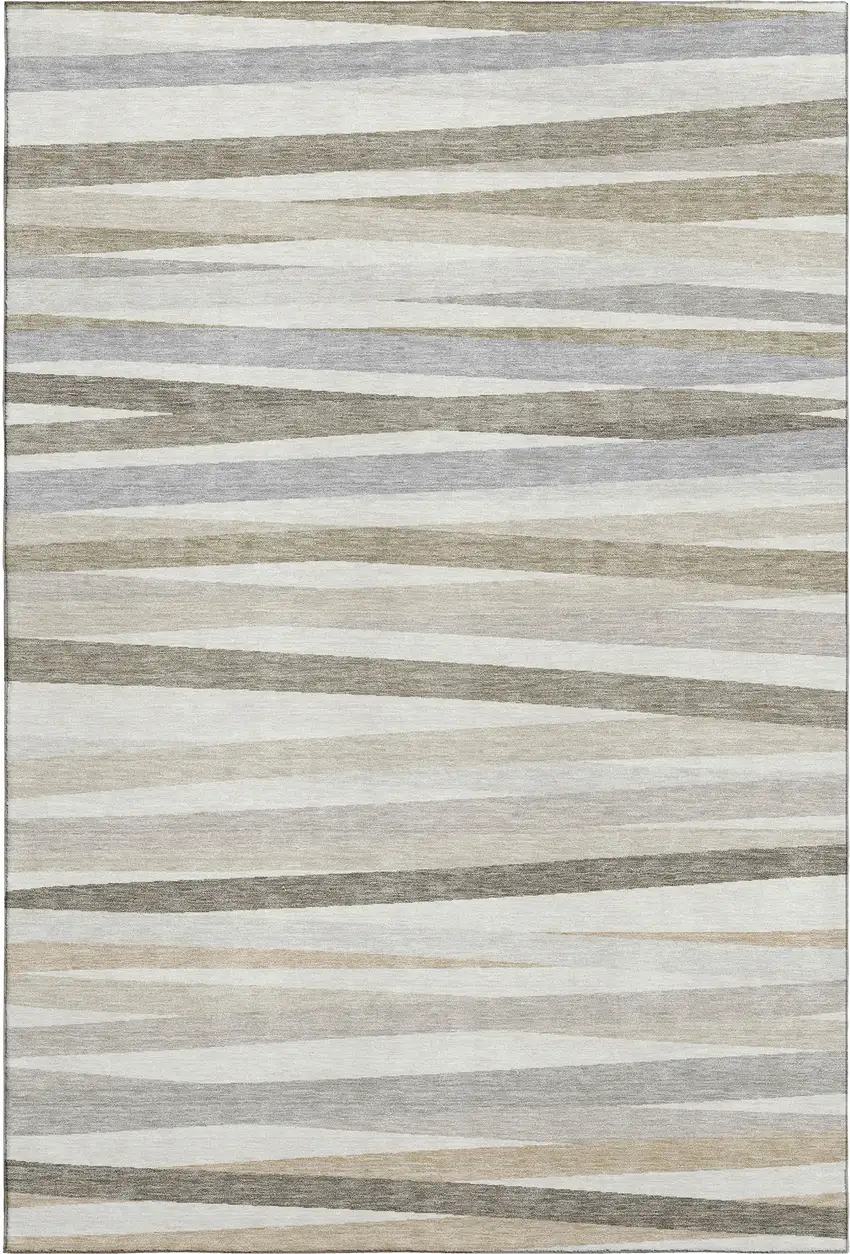 Ivory Beige And Taupe Striped Washable Area Rug With UV Protection Photo 1