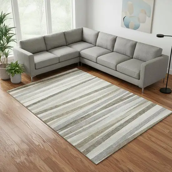 Ivory Beige And Taupe Striped Washable Area Rug With UV Protection Photo 2