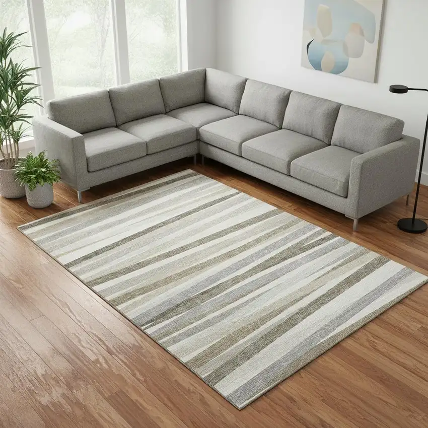 Ivory Beige And Taupe Striped Washable Area Rug With UV Protection Photo 2