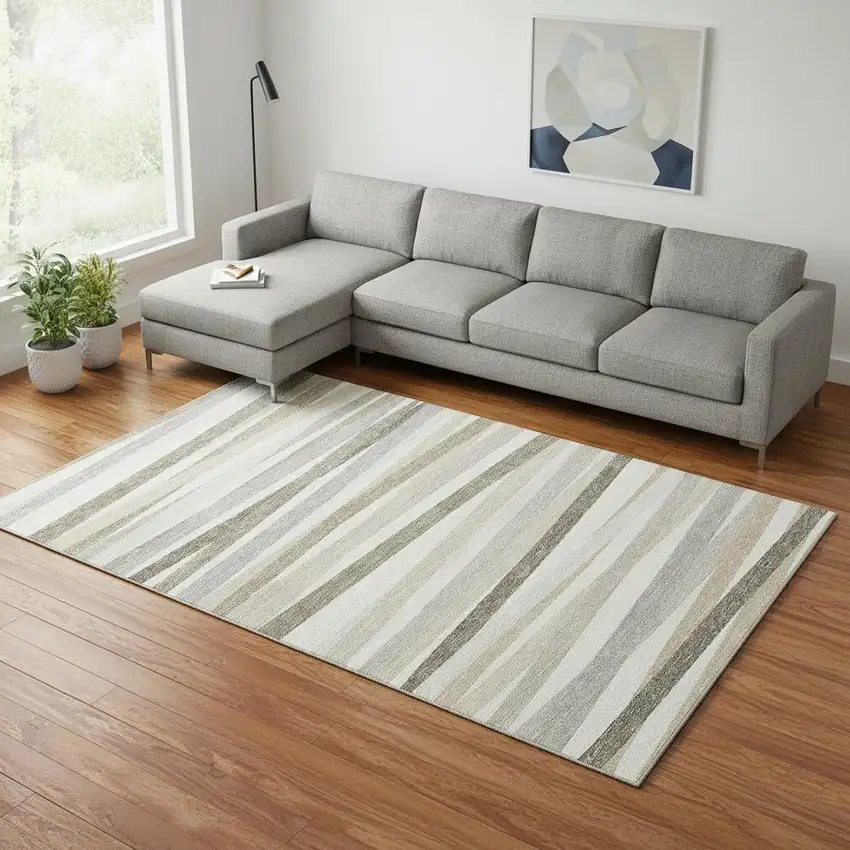 Ivory Beige And Taupe Striped Washable Area Rug With UV Protection Photo 2