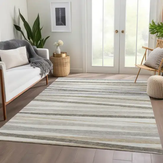 Ivory Beige And Taupe Striped Washable Area Rug With UV Protection Photo 4