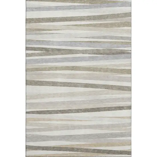 Ivory Beige And Taupe Striped Washable Area Rug With UV Protection Photo 1