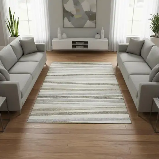 Ivory Beige And Taupe Striped Washable Area Rug With UV Protection Photo 2