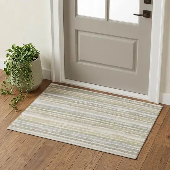 Ivory Beige And Taupe Striped Washable Area Rug With UV Protection Photo 1
