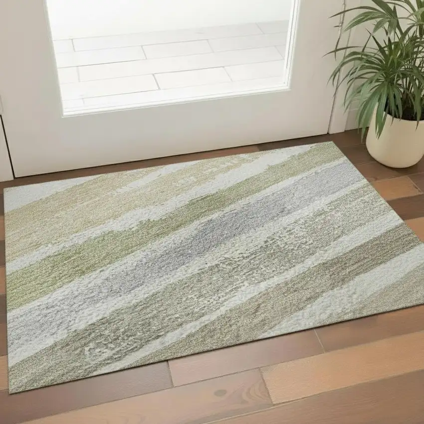 Ivory Beige And Taupe Striped Washable Area Rug With UV Protection Photo 2