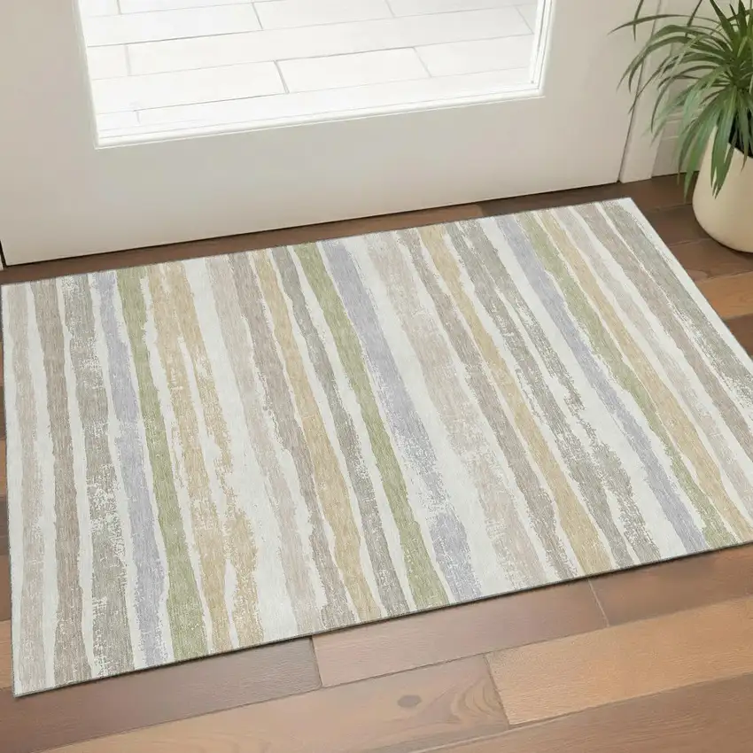 Ivory Beige And Taupe Striped Washable Area Rug With UV Protection Photo 1