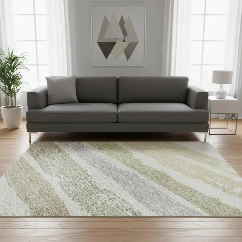 Ivory Beige And Taupe Striped Washable Area Rug With UV Protection Photo 2