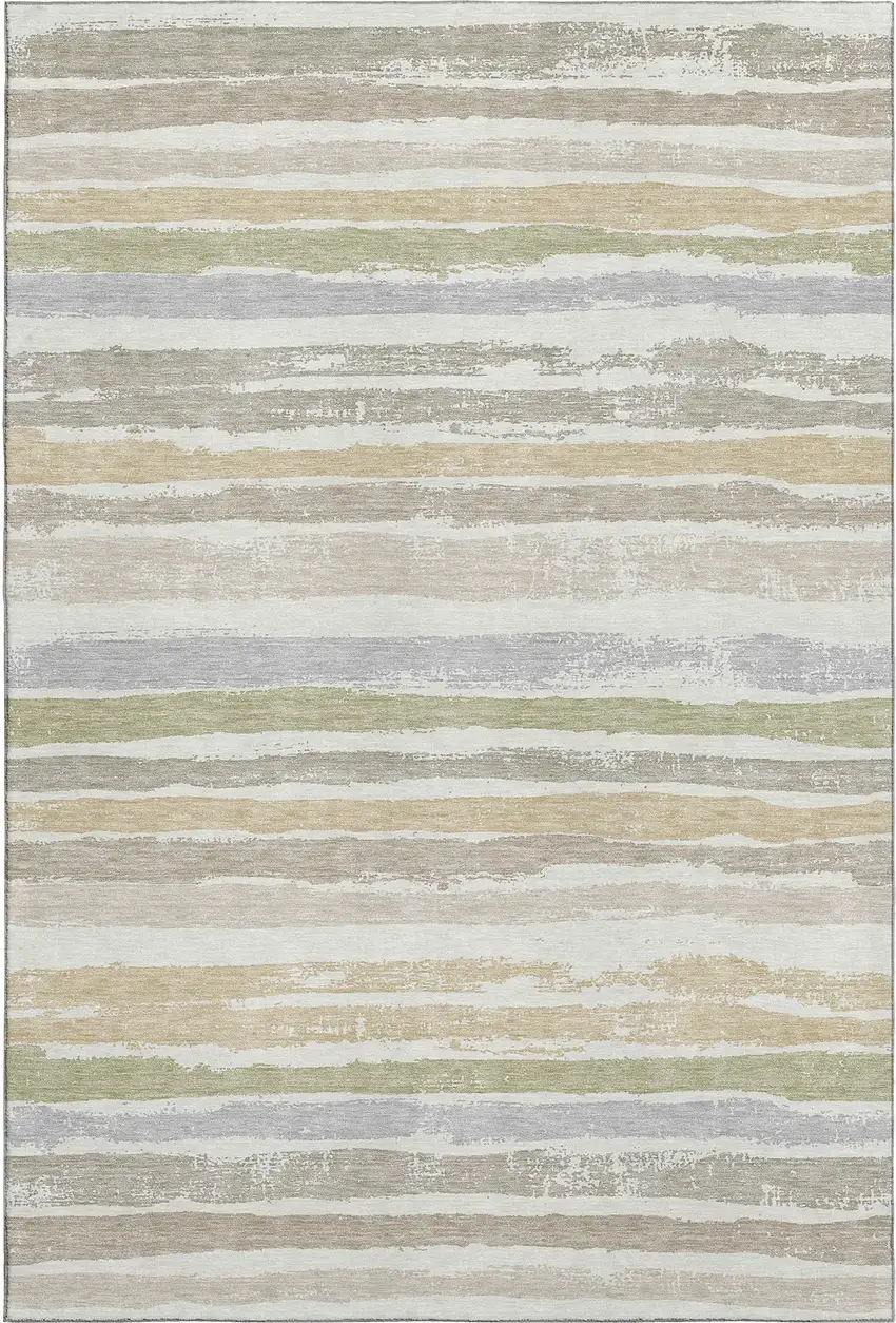 Ivory Beige And Taupe Striped Washable Area Rug With UV Protection Photo 5