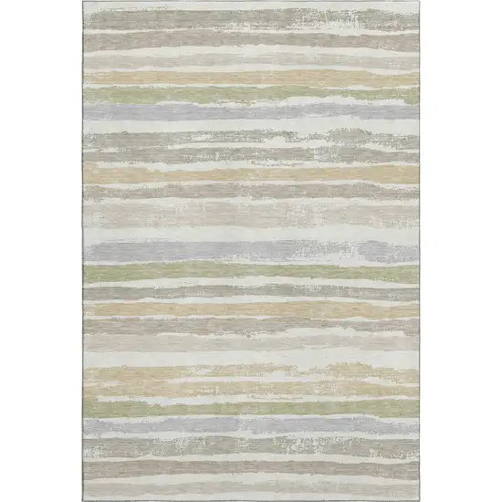 Ivory Beige And Taupe Striped Washable Area Rug With UV Protection Photo 5