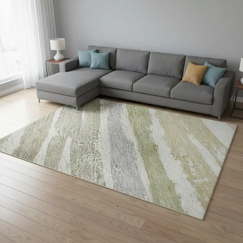 Ivory Beige And Taupe Striped Washable Area Rug With UV Protection Photo 2