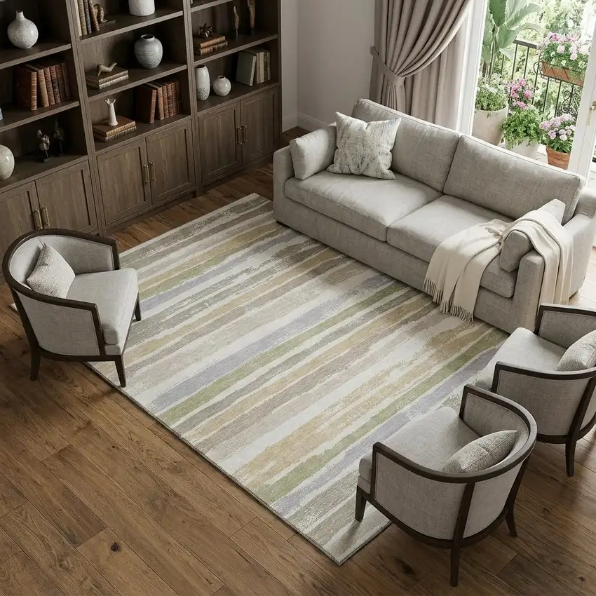 Ivory Beige And Taupe Striped Washable Area Rug With UV Protection Photo 1