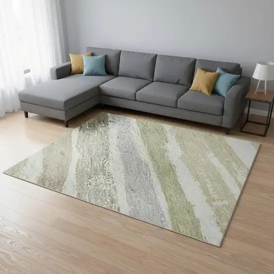 Ivory Beige And Taupe Striped Washable Area Rug With UV Protection Photo 2