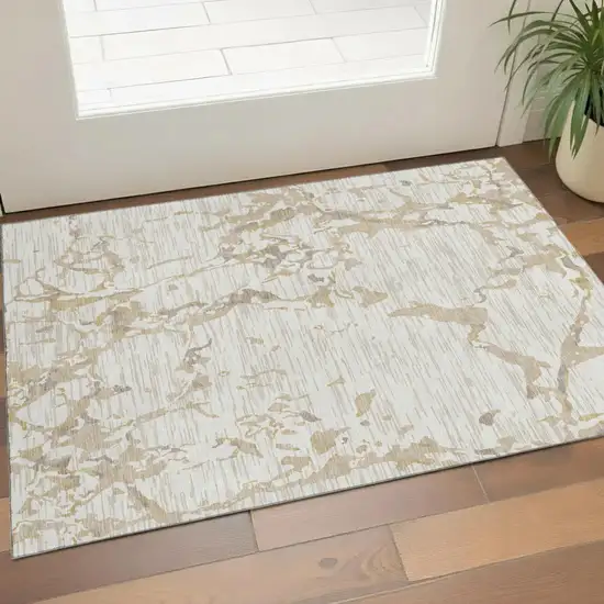 Ivory Beige And Taupe Striped Washable Area Rug With UV Protection Photo 1