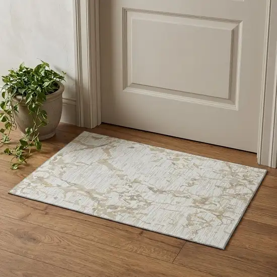 Ivory Beige And Taupe Striped Washable Area Rug With UV Protection Photo 1