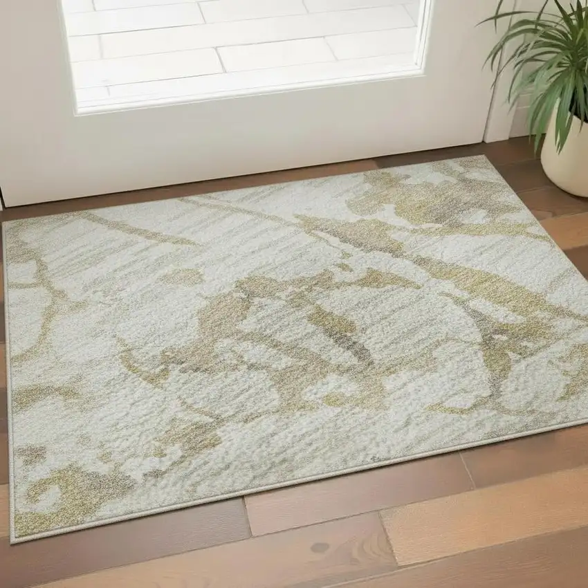 Ivory Beige And Taupe Striped Washable Area Rug With UV Protection Photo 2