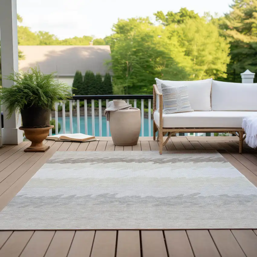 Ivory Beige And Taupe Striped Washable Indoor Outdoor Area Rug Photo 9