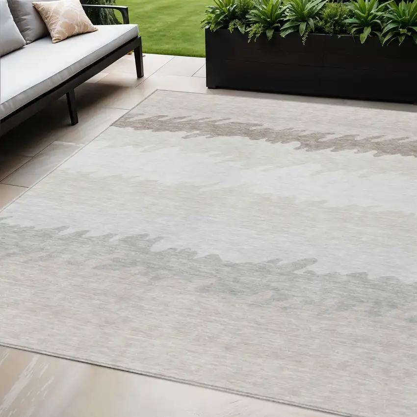 Ivory Beige And Taupe Striped Washable Indoor Outdoor Area Rug Photo 1