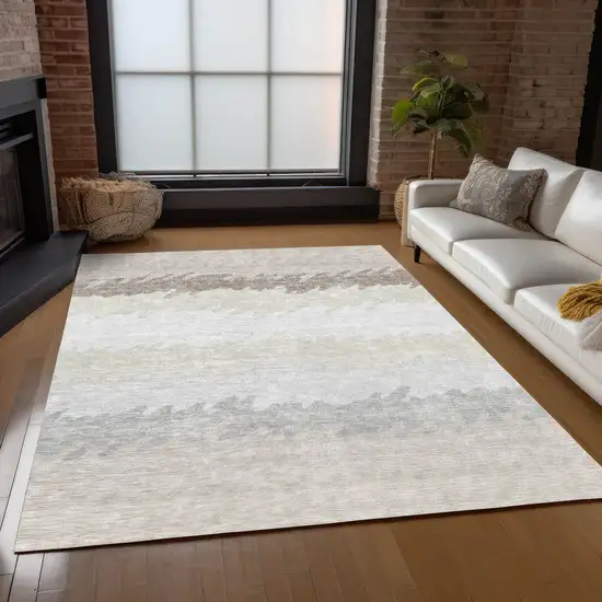 Ivory Beige And Taupe Striped Washable Indoor Outdoor Area Rug Photo 7