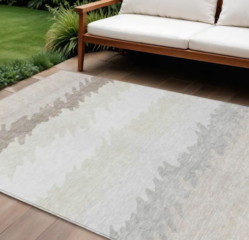 Ivory Beige And Taupe Striped Washable Indoor Outdoor Area Rug Photo 1