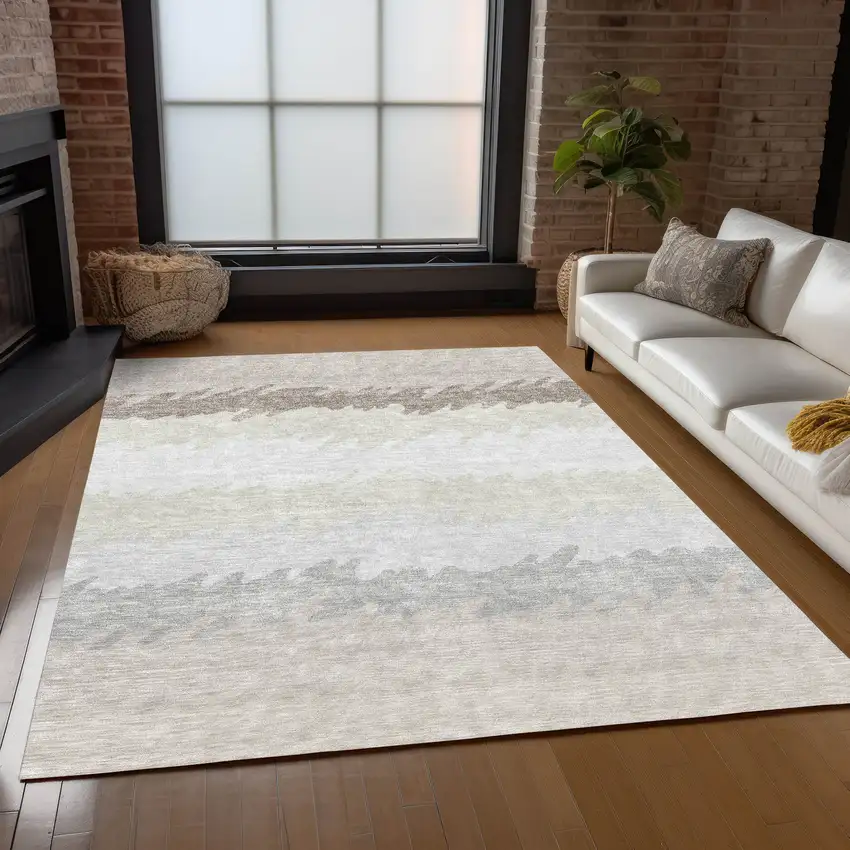 Ivory Beige And Taupe Striped Washable Indoor Outdoor Area Rug Photo 9