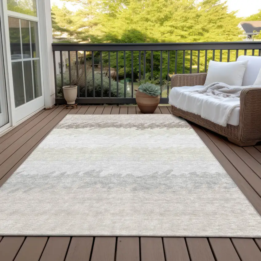 Ivory Beige And Taupe Striped Washable Indoor Outdoor Area Rug Photo 7