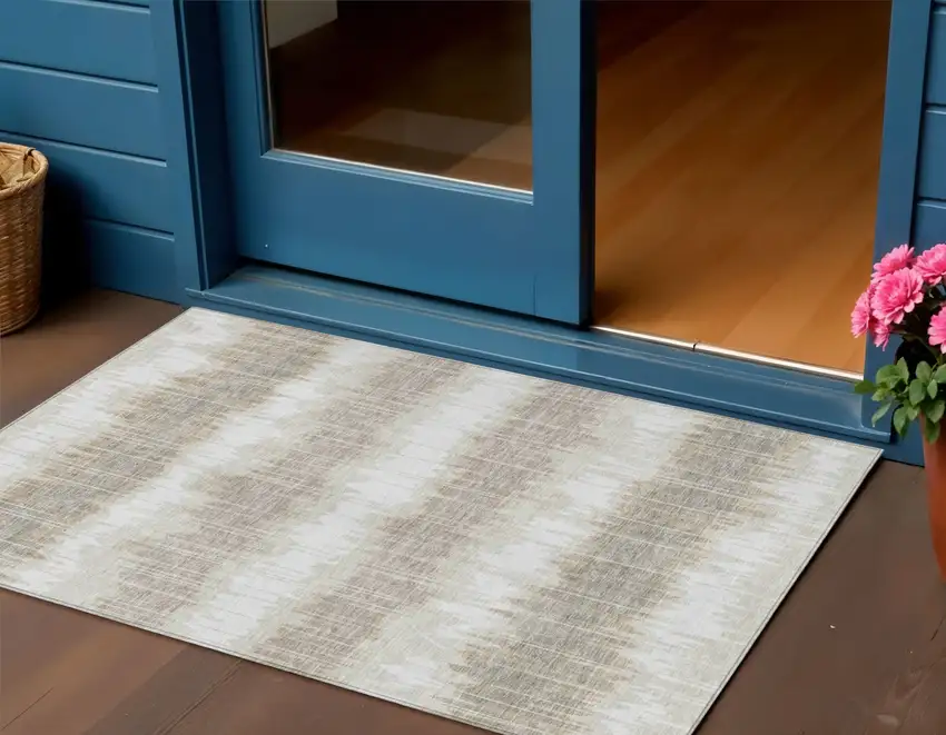 Ivory Beige And Taupe Striped Washable Indoor Outdoor Area Rug Photo 1