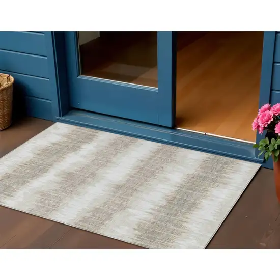 Ivory Beige And Taupe Striped Washable Indoor Outdoor Area Rug Photo 1