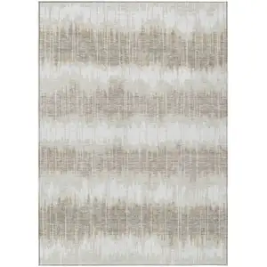 Photo of Ivory Beige And Taupe Striped Washable Indoor Outdoor Area Rug